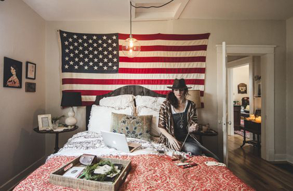 hanging american flag in room