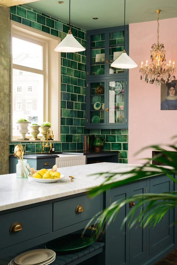 Tropical Kitchen Decor With Green Backsplash Homemydesign