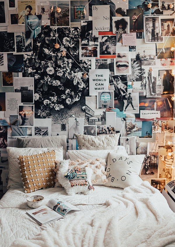 Bright Bedroom With Collage Wall Decorations | HomeMydesign