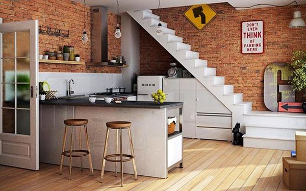 brick-kitchen-ideas-in-under-stairs
