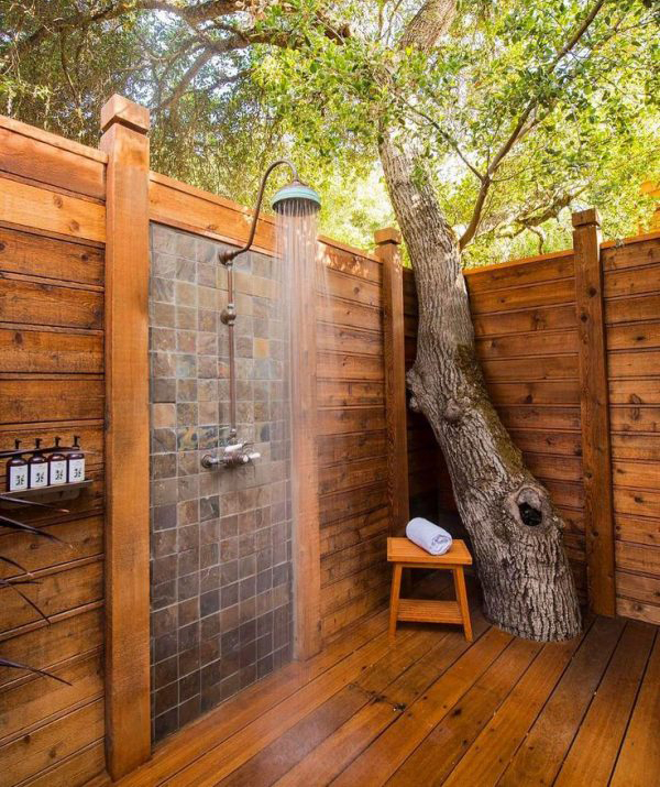 Refresh Outdoor Shower With Wood Elements In Nature Home Design