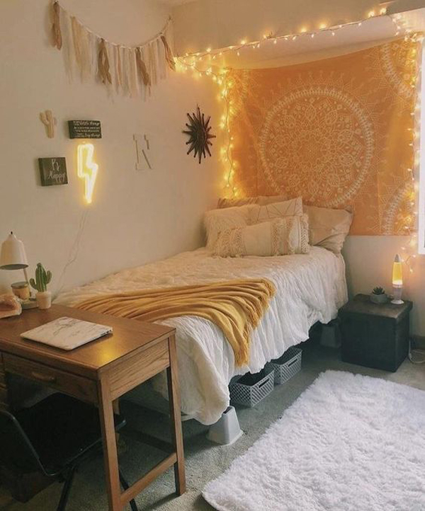 Yellow Floral Tapestry Bedrooms With String Lights Home