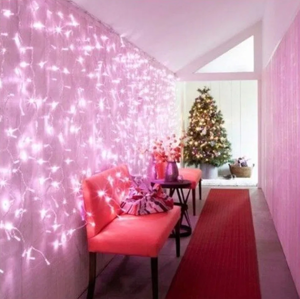 pink curtain fairy lights