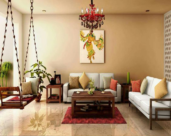 modern indian  living apace with swing chairs