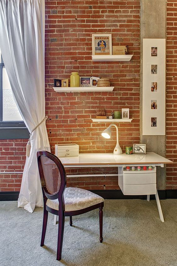 beautiful home office with brick wall and storage ideas 