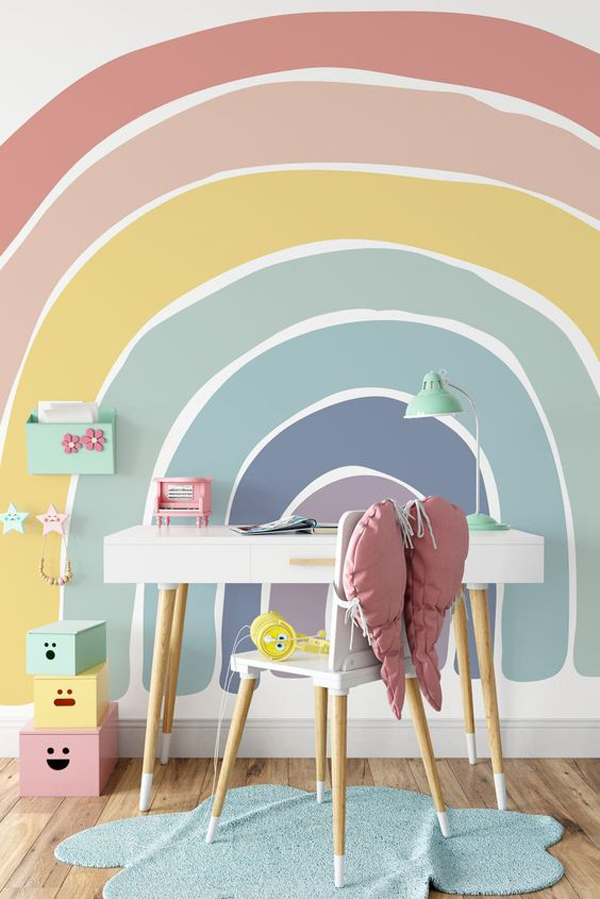 cheerful-study-desk-with-rainbow-wall-mural