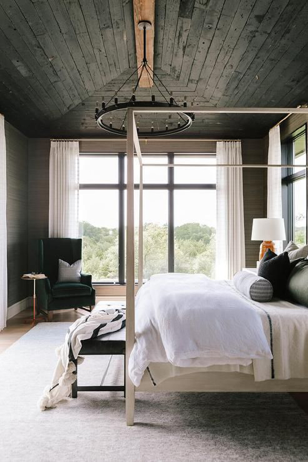 mid-century-bedroom-style-with-black-pallet-ceiling-color