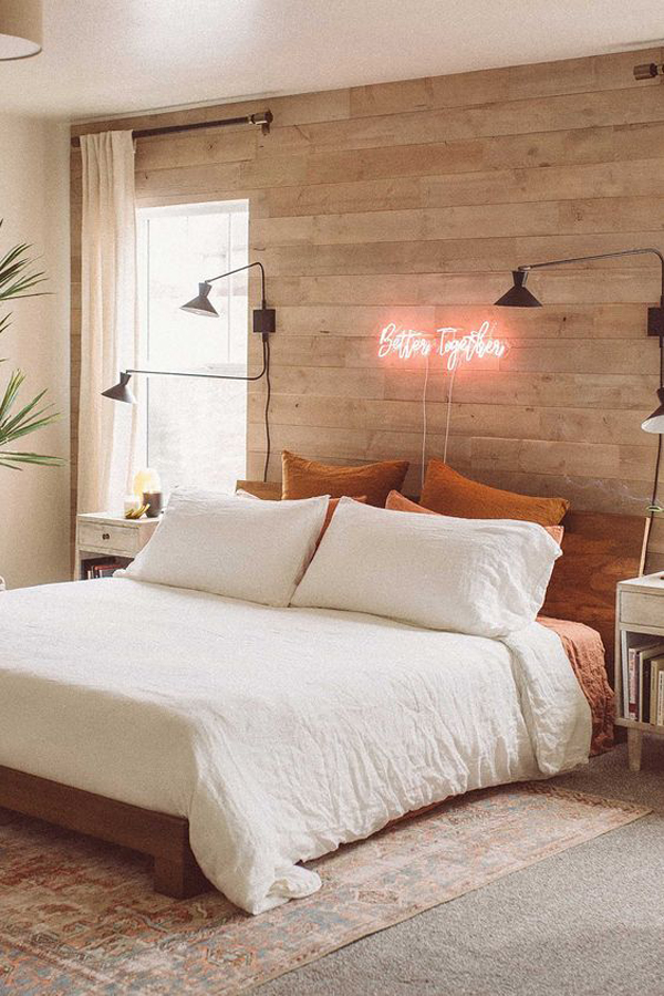 trendy-wood-bedroom-with-neon-wall