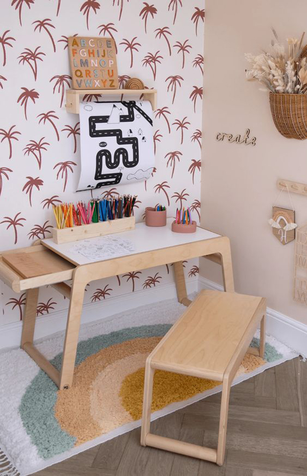 wooden-kid-desks-with-coconut-tree-wallpaper