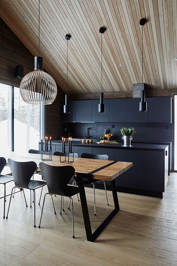 black-kitchen-design-with-wooden-table