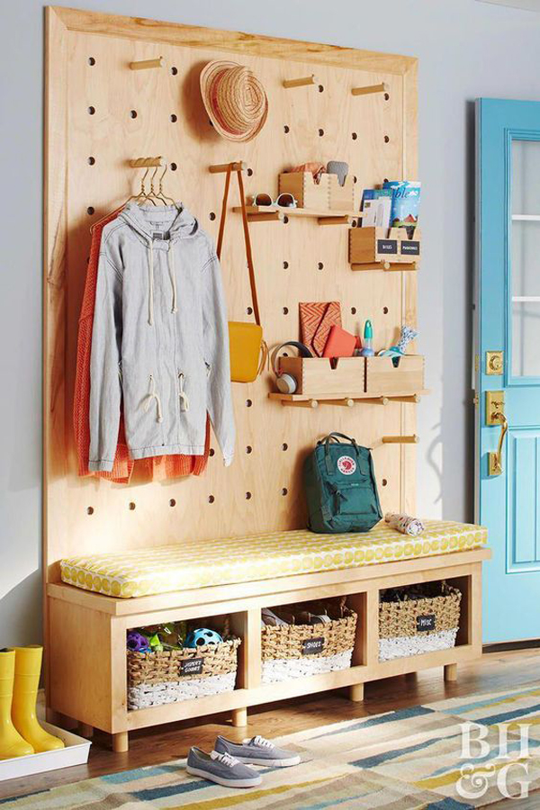 brilliant-pegboard-closet-with-benches