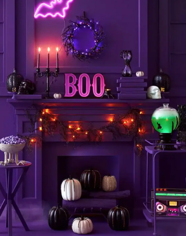 neon-halloween-mantel-decor