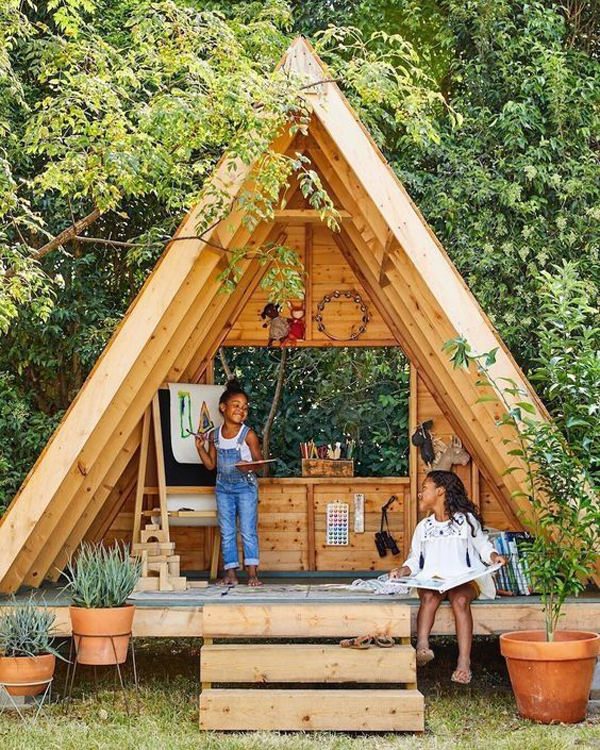 wooden-DIY-A-frame-playhouse-with-study-area