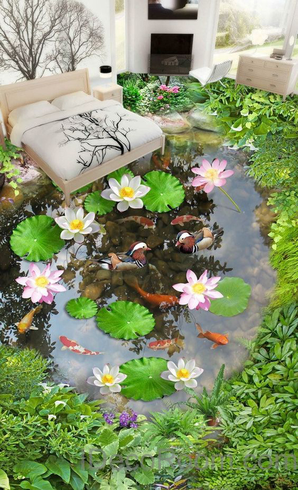 bedroom-floor-art-with-lotus-and-koi-pond-murals