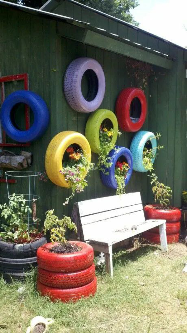 colorful-diy-tire-planter-ideas-in-the-wall