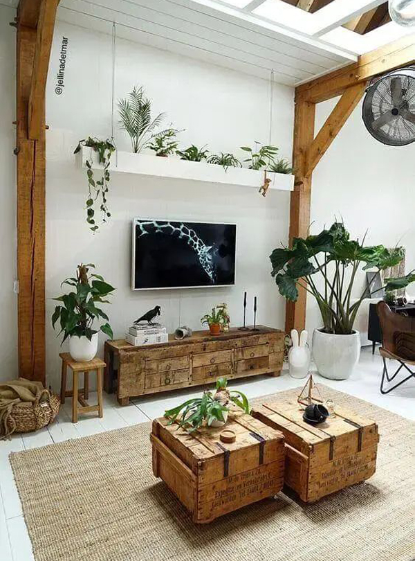 industrial-tv-room-plant-decor-with-repurposed-wood