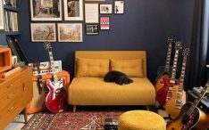 mid-century-living-room-with-bold-wall-and-music-studio