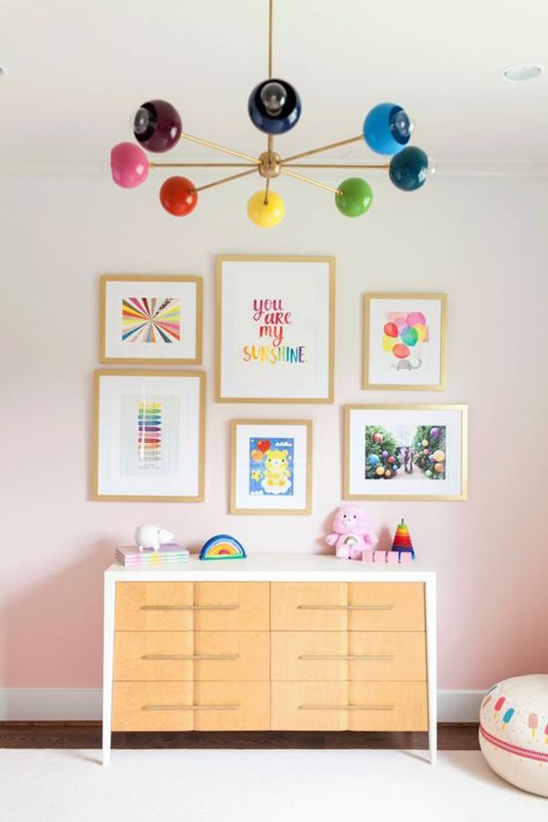 rainbow-gallery-wall-ideas-with-cabinet