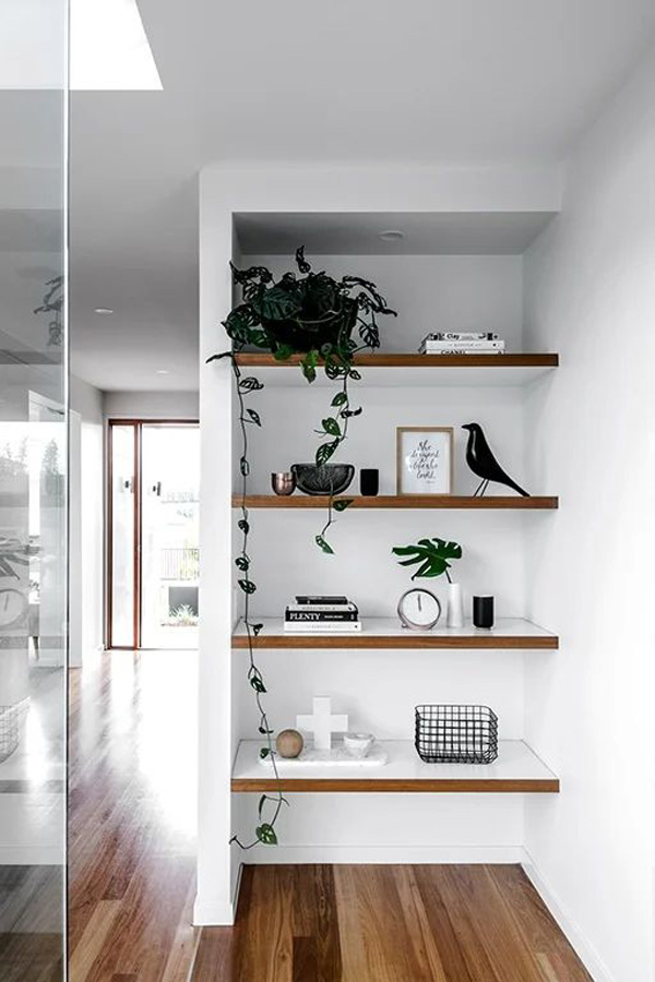 minimalist-shelf-styling-with-wood-ledge
