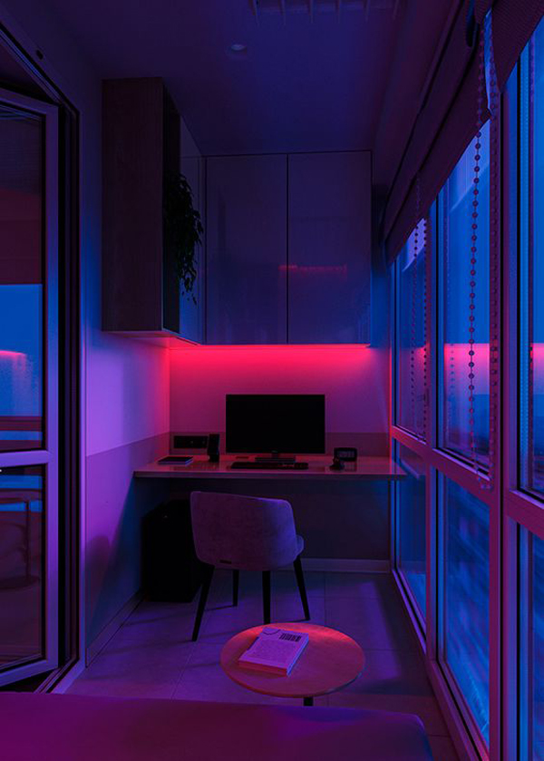 small-balcony-home-office-with-neon-lamp