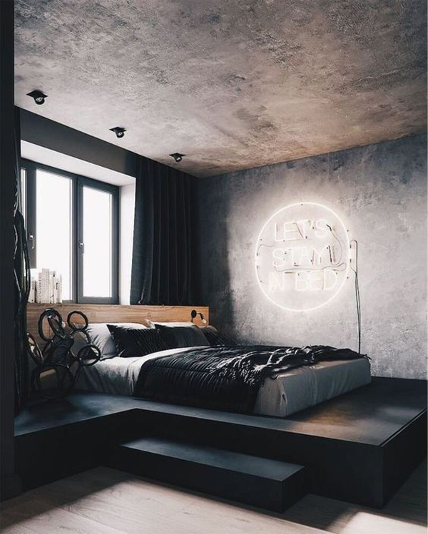 cool-black-bedroom-design-with-neon-light-in-the-wall