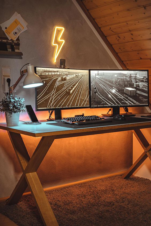 cozy-attic-desk-with-neon-lighting-sign