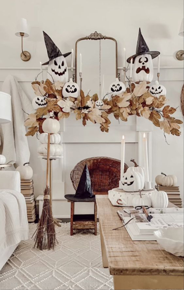 boho-halloween-fireplace-with-ghost-decor