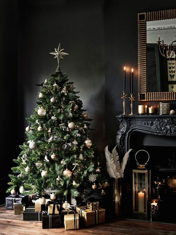 dark-and-gothic-christmas-mantel-and-traditional-trees