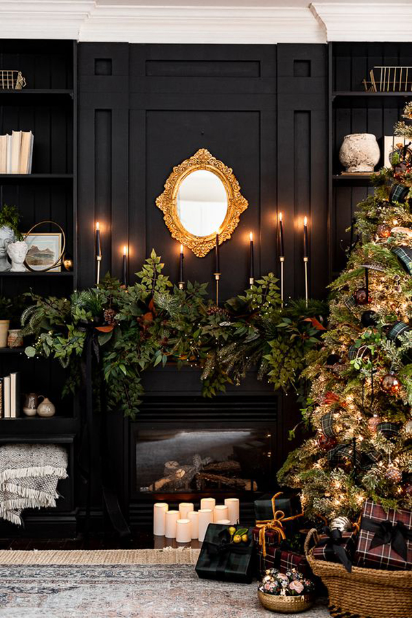 glam-black-christmas-mantel-with-trees