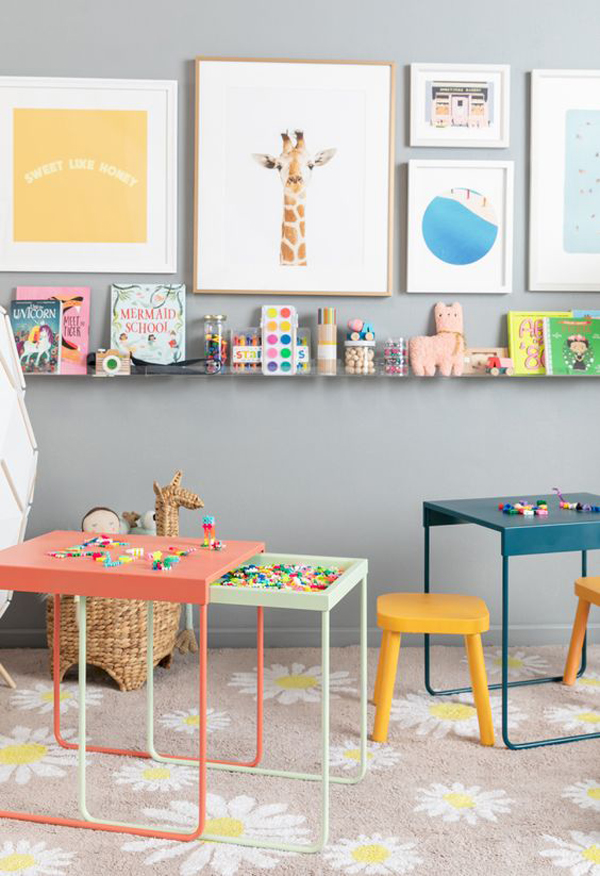 colorful-kids-desk-with-gallery-art-wall-and-bookcase