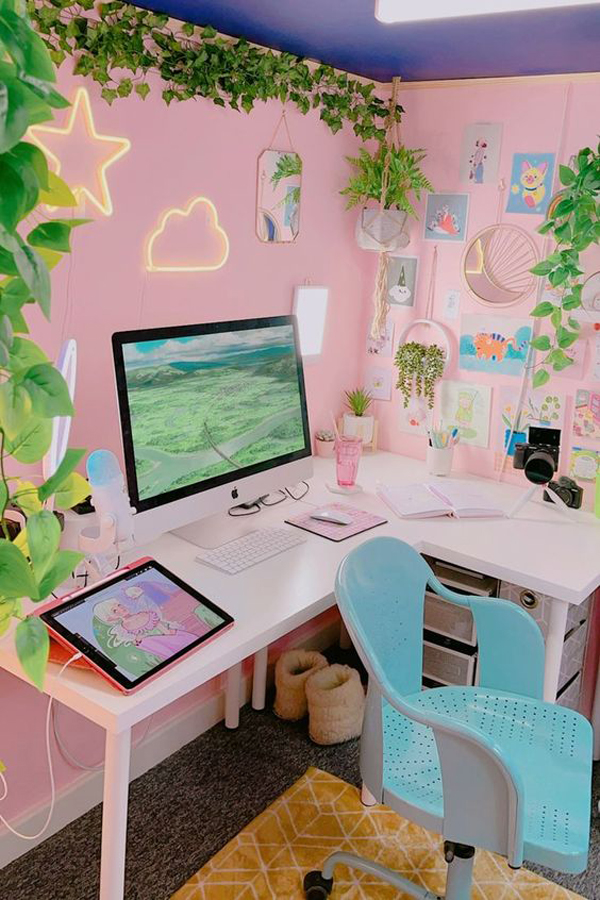 pink-study-desk-with-indoor-plants