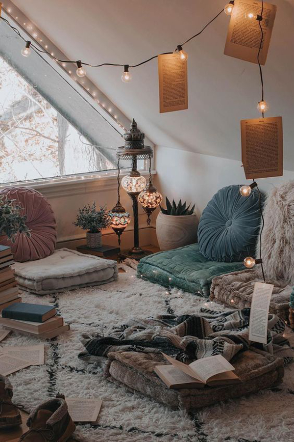 vintage-boho-meditation-room-with-string-lights