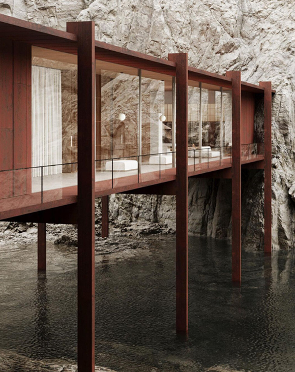 glass-house-with-pillars-immersed-in-the-water