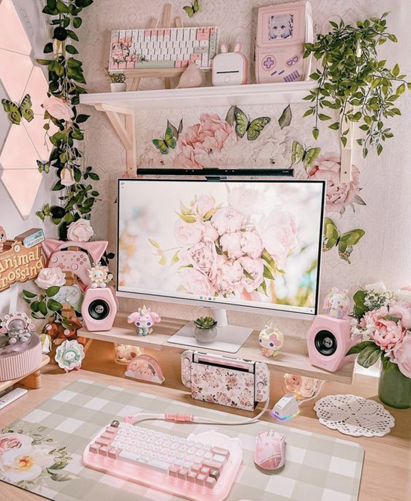 adorable girl gaming room with floral decor