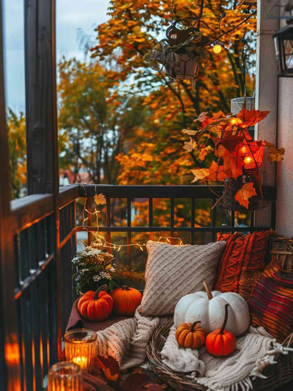 autumn balcony decor with pumpkin