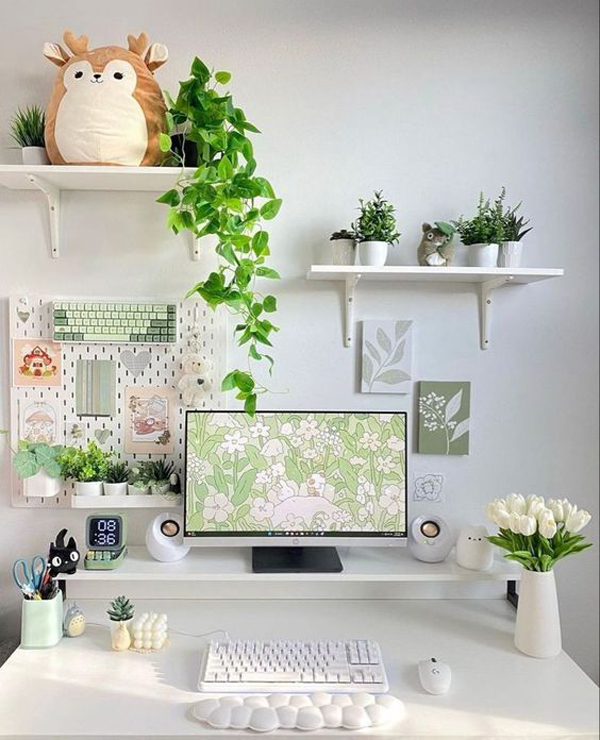 beautiful gamer girl setup with planters