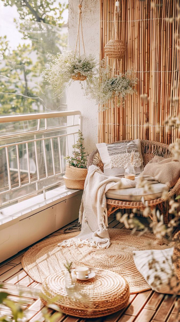 bohemian autumn balcony decor with rattan furniture
