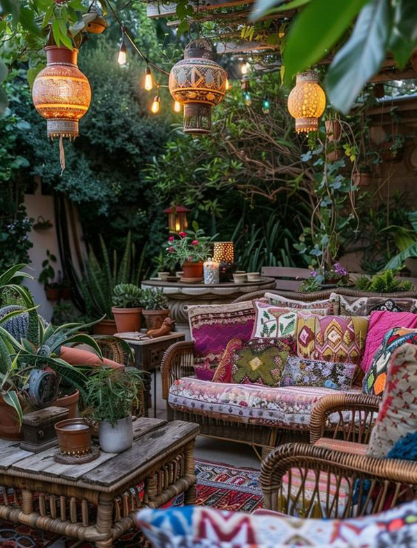 boho garden with used and vintage item