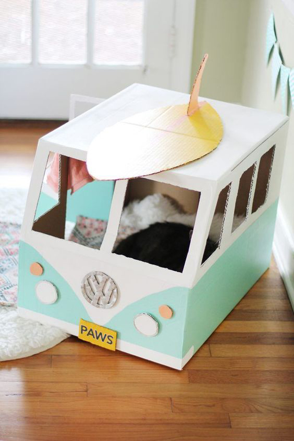 cardboard bus dog house ideas