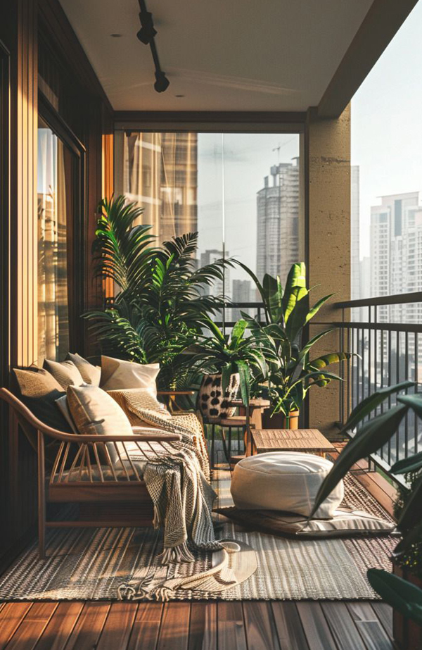 contempory nordic balcony with indoor plants