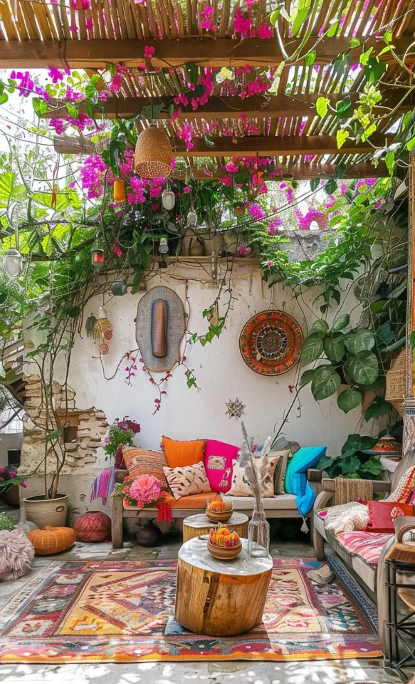 cozy boho garden seating area