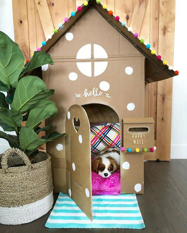 cute diy dog cardboard indoor house with pom pom