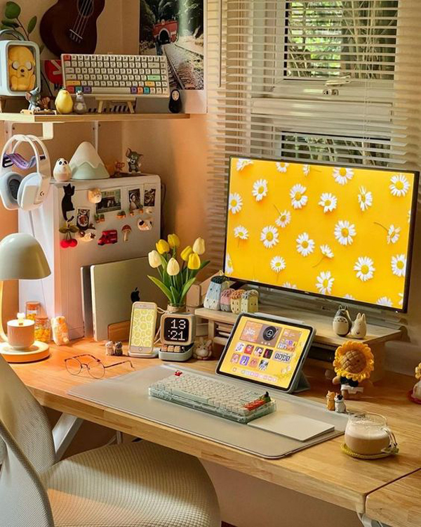 cute yellow girl gaming setup