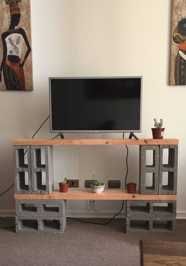 diy stand made from concrete block and wood