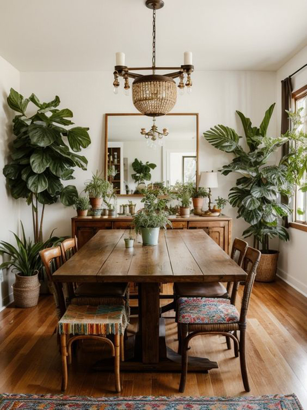 industrial chic dining room with tropical garden