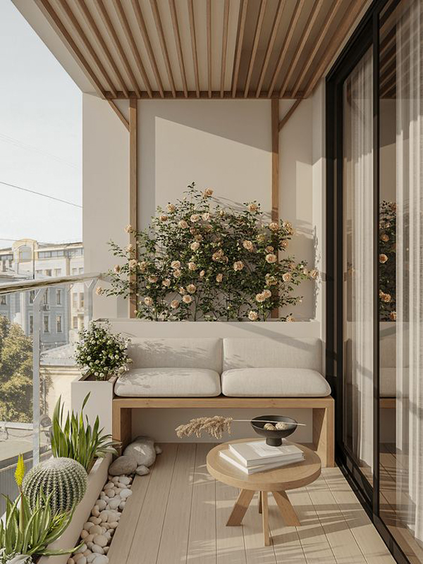 modern japandi balcony apartment with floral decor