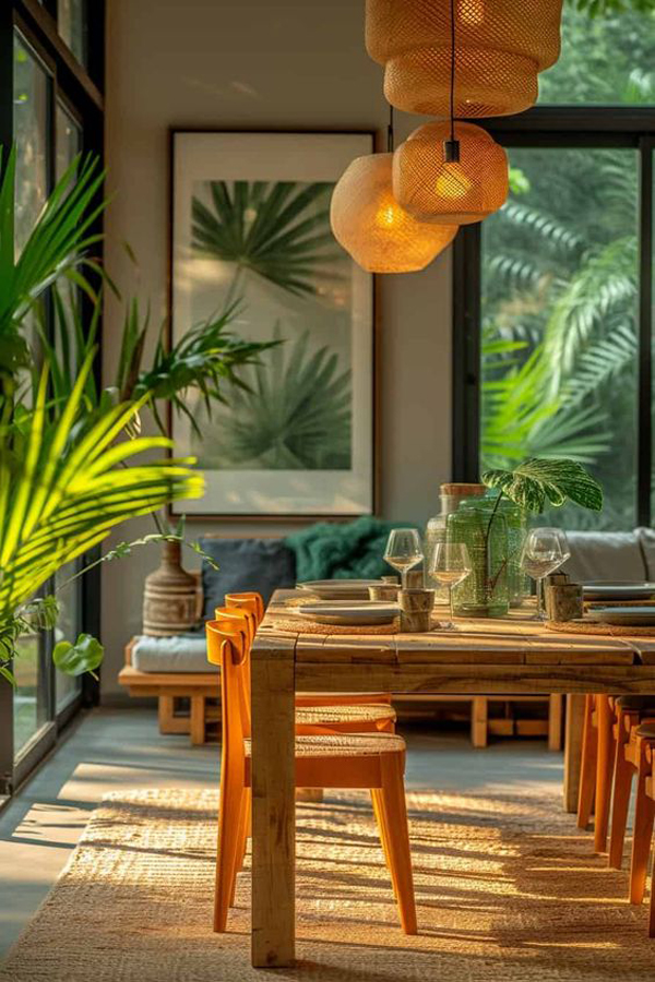 modern tropical dining room with lush garden