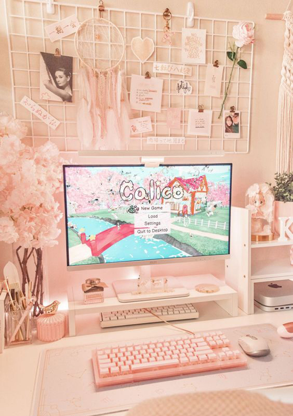 pink gamer girl room with wall organizer