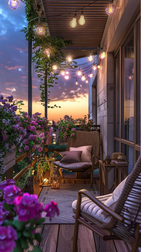 romantic fall balcony decor with string light