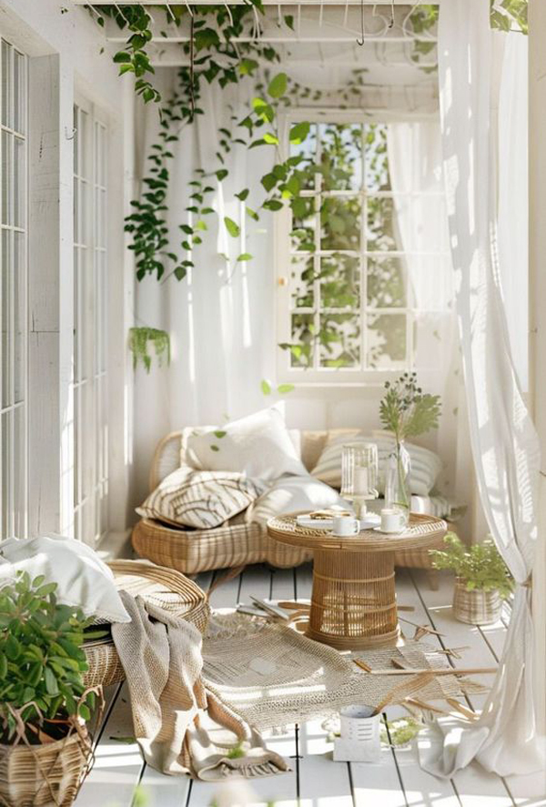 stylish white scandinavian balcony with vines plants